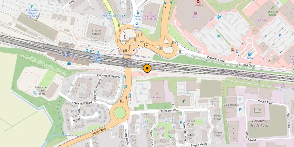 Map of North Station Road, Colchester, showing AMD Tyres between the town centre and Colchester station